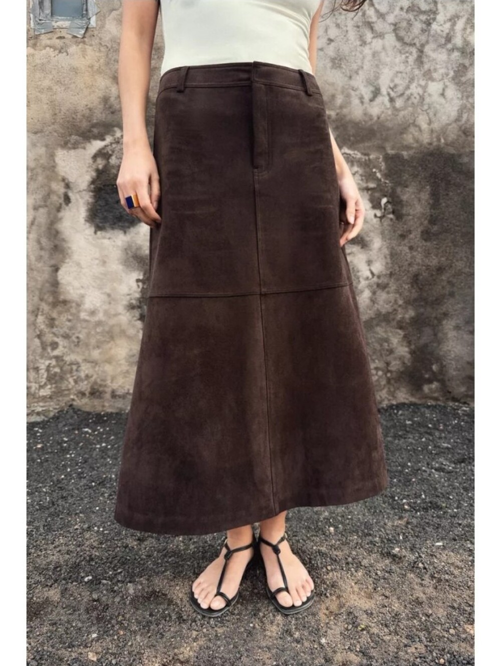 Zara Dark Brown Faux Suede A-Line Mid-rise Midi Skirt